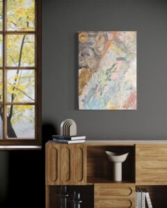 Acrylgemälde mit Blattgold und fließenden Farbverläufen; Darstellung der Dämmerung nach einem Sturm – symbolisch für Stille, Licht und Hoffnung, inspiriert von natürlichen Übergängen und atmosphärischer Weite.