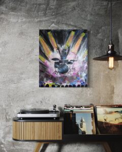 Farbenfrohes Acrylgemälde mit dynamischen Formen und leuchtenden Farben; inspiriert vom Gefühl eines leichten Herzens während eines Konzerts – Ausdruck von Freiheit, Verbundenheit und dem Loslassen des Alltags.