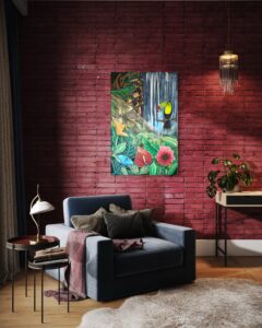 Welcome to the jungle - Tukan, wilde Blumen und ein Wasserfall im Dschungel. Original Gemälde.