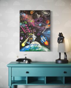 Farbenfrohes Acrylgemälde im Comicstil mit räumlicher Tiefe und vielen kleinen Szenen; detailreiche Darstellung musikalischer Vielfalt und grenzenloser Verbindung, inspiriert von der Kraft der Musik als universelle Sprache.