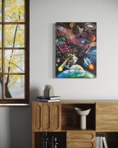 Farbenfrohes Acrylgemälde im Comicstil mit räumlicher Tiefe und vielen kleinen Szenen; detailreiche Darstellung musikalischer Vielfalt und grenzenloser Verbindung, inspiriert von der Kraft der Musik als universelle Sprache.