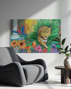 Leopard im Urwald bei Wasserfall Acryl auf Leinwand.