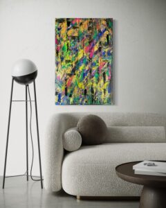 Acrylgemälde in intensiven Urwaldfarben mit leuchtenden Blüten und dichter, lebendiger Struktur; Darstellung eines Abenteuers in tropischer Natur – inspiriert von der Kraft, Schönheit und Vielfalt eines wilden, blühenden Dschungels.