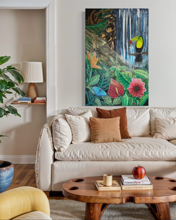 Welcome to the jungle - Tukan, wilde Blumen und ein Wasserfall im Dschungel. Original Gemälde.