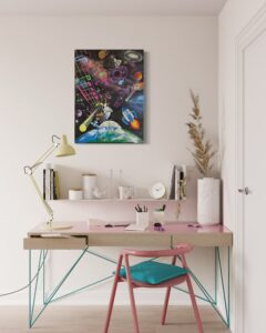 Farbenfrohes Acrylgemälde im Comicstil mit räumlicher Tiefe und vielen kleinen Szenen; detailreiche Darstellung musikalischer Vielfalt und grenzenloser Verbindung, inspiriert von der Kraft der Musik als universelle Sprache.