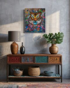 Abstraktes Gemälde eines Tigers im Dschungel - Untamed Eyes von Ilse Paints