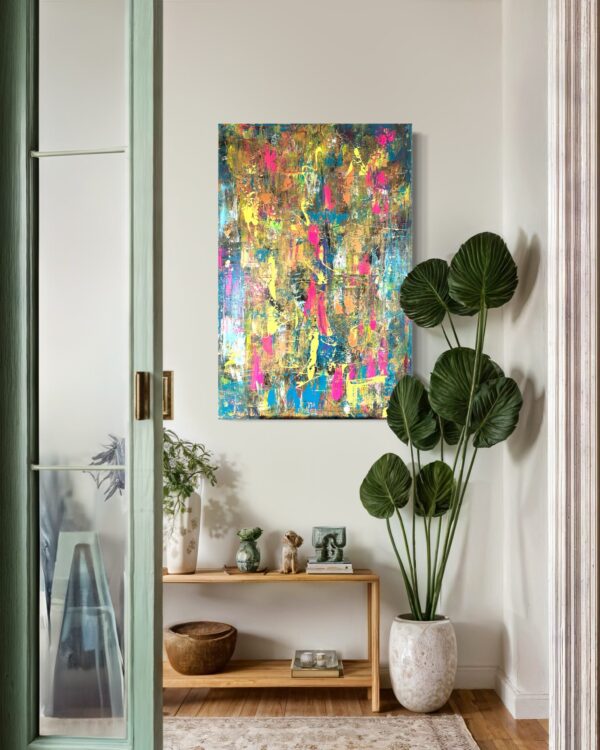 Acrylgemälde in warmen Herbstfarben mit fließenden Übergängen; zeigt die natürliche Schönheit des beginnenden Herbstes – weiches Licht, goldene Töne und die stille Veränderung in der Landschaft.