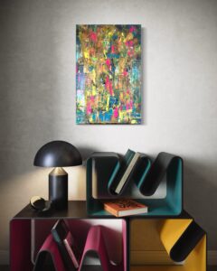 Acrylgemälde in warmen Herbstfarben mit fließenden Übergängen; zeigt die natürliche Schönheit des beginnenden Herbstes – weiches Licht, goldene Töne und die stille Veränderung in der Landschaft.