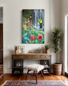 Welcome to the jungle - Tukan, wilde Blumen und ein Wasserfall im Dschungel. Original Gemälde.