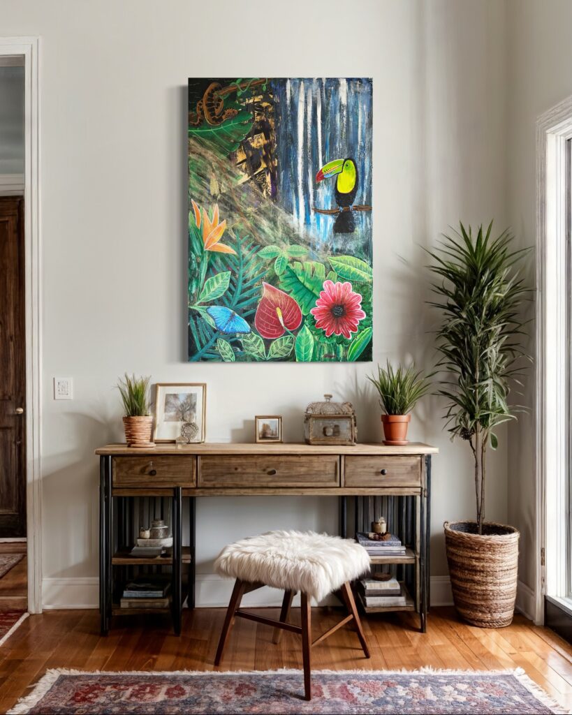 Welcome to the jungle - Tukan, wilde Blumen und ein Wasserfall im Dschungel. Original Gemälde.