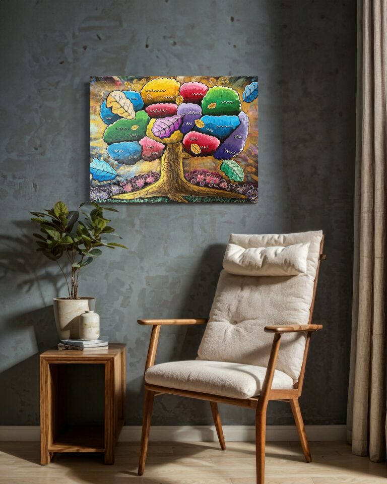 Acrylgemälde mit Regenbogenfarben und organischen Baumformen; inspiriert von der Friedenseiche in Geismar bei Frankenberg – Symbol für Frieden, Erinnerung und Vielfalt; künstlerische Darstellung von Freiheit und Diversität in moderner Form.