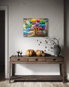 Acrylgemälde mit Regenbogenfarben und organischen Baumformen; inspiriert von der Friedenseiche in Geismar bei Frankenberg – Symbol für Frieden, Erinnerung und Vielfalt; künstlerische Darstellung von Freiheit und Diversität in moderner Form.