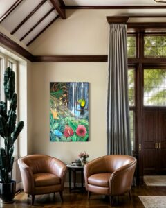 Welcome to the jungle - Tukan, wilde Blumen und ein Wasserfall im Dschungel. Original Gemälde.