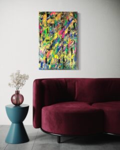 Acrylgemälde in intensiven Urwaldfarben mit leuchtenden Blüten und dichter, lebendiger Struktur; Darstellung eines Abenteuers in tropischer Natur – inspiriert von der Kraft, Schönheit und Vielfalt eines wilden, blühenden Dschungels.