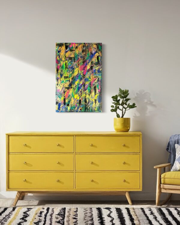Acrylgemälde in intensiven Urwaldfarben mit leuchtenden Blüten und dichter, lebendiger Struktur; Darstellung eines Abenteuers in tropischer Natur – inspiriert von der Kraft, Schönheit und Vielfalt eines wilden, blühenden Dschungels.
