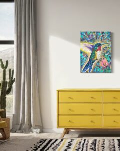 Fly zeitgenössische Kunst - abstrakter Kolibri in Wohnzimmer