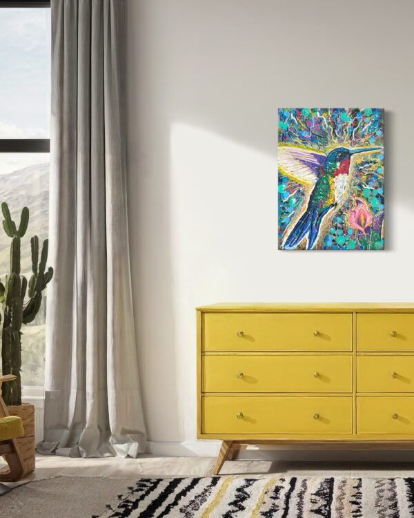 Fly zeitgenössische Kunst - abstrakter Kolibri in Wohnzimmer