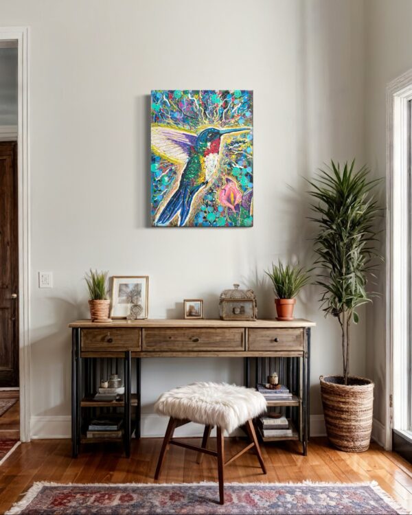 Fly zeitgenössische Kunst - abstrakter Kolibri in Arbeitszimmer