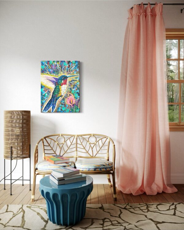 Fly zeitgenössische Kunst - abstrakter Kolibri in Wohnzimmer