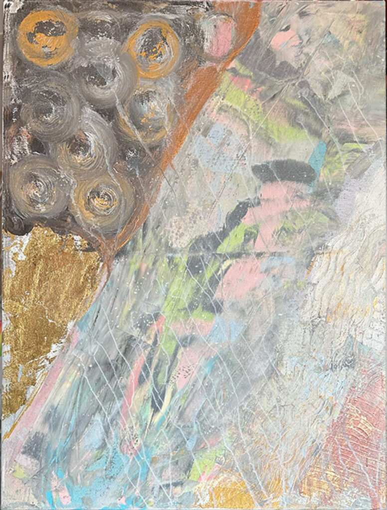 Acrylgemälde mit Blattgold und fließenden Farbverläufen; Darstellung der Dämmerung nach einem Sturm – symbolisch für Stille, Licht und Hoffnung, inspiriert von natürlichen Übergängen und atmosphärischer Weite.