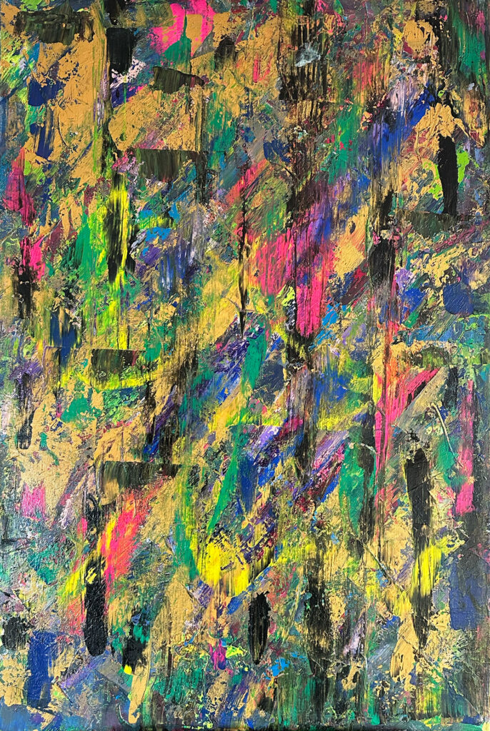 Acrylgemälde in intensiven Urwaldfarben mit leuchtenden Blüten und dichter, lebendiger Struktur; Darstellung eines Abenteuers in tropischer Natur – inspiriert von der Kraft, Schönheit und Vielfalt eines wilden, blühenden Dschungels.