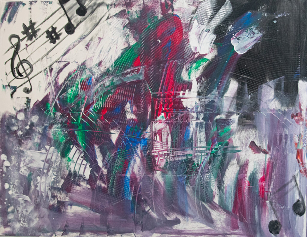 Acrylgemälde mit grafischen und farblich rhythmischen Elementen; Darstellung einer abstrakten Komposition – inspiriert vom Zusammenspiel von Form, Farbe und innerer Harmonie, ähnlich einer musikalischen Struktur.