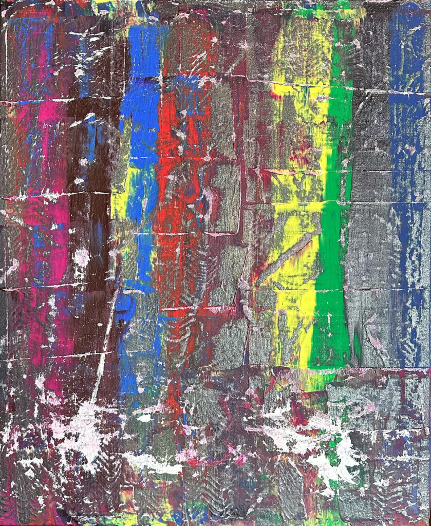 Acrylgemälde mit metallischen Farben und klarer Struktur; poetische Darstellung innerer Stärke, inspiriert von der Idee eines unbeugsamen Herzens – ruhig, kraftvoll und standhaft.