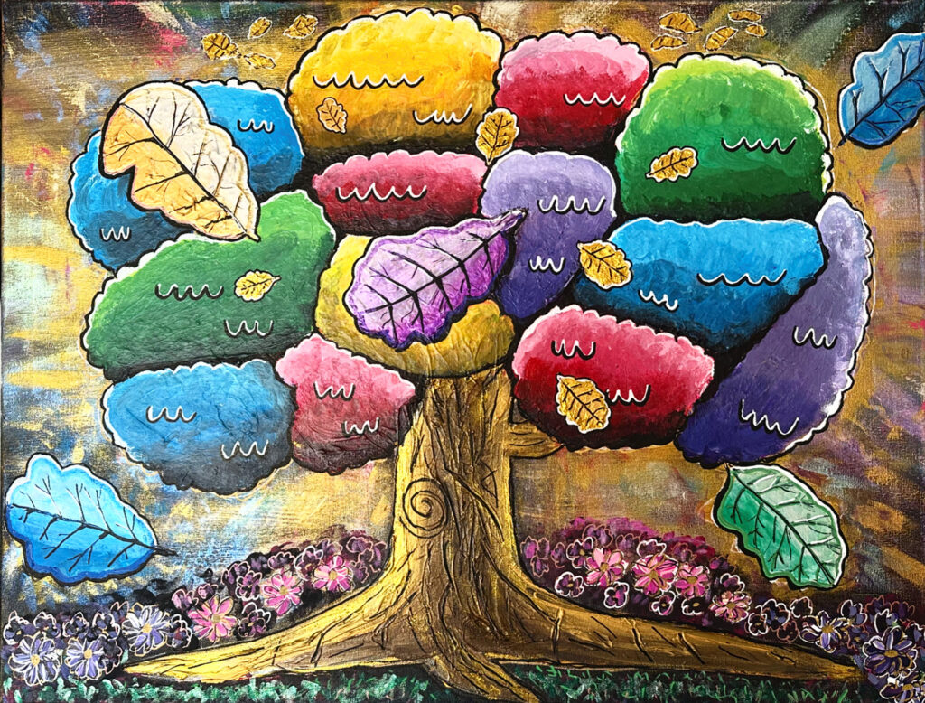 Acrylgemälde mit Regenbogenfarben und organischen Baumformen; inspiriert von der Friedenseiche in Geismar bei Frankenberg – Symbol für Frieden, Erinnerung und Vielfalt; künstlerische Darstellung von Freiheit und Diversität in moderner Form.