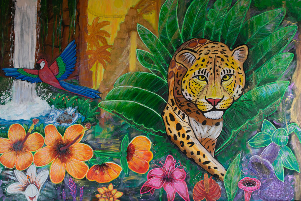 Leopard im Urwald bei Wasserfall Acryl auf Leinwand.