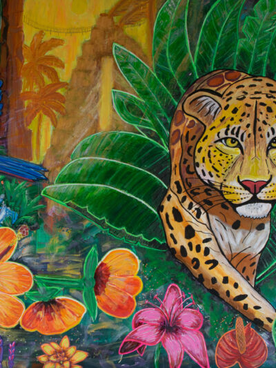 Leopard im Urwald bei Wasserfall Acryl auf Leinwand.