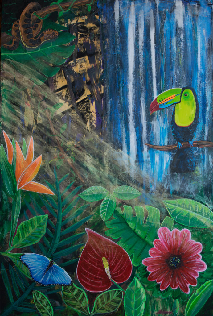 Welcome to the jungle - Tukan, wilde Blumen und ein Wasserfall im Dschungel. Original Gemälde.