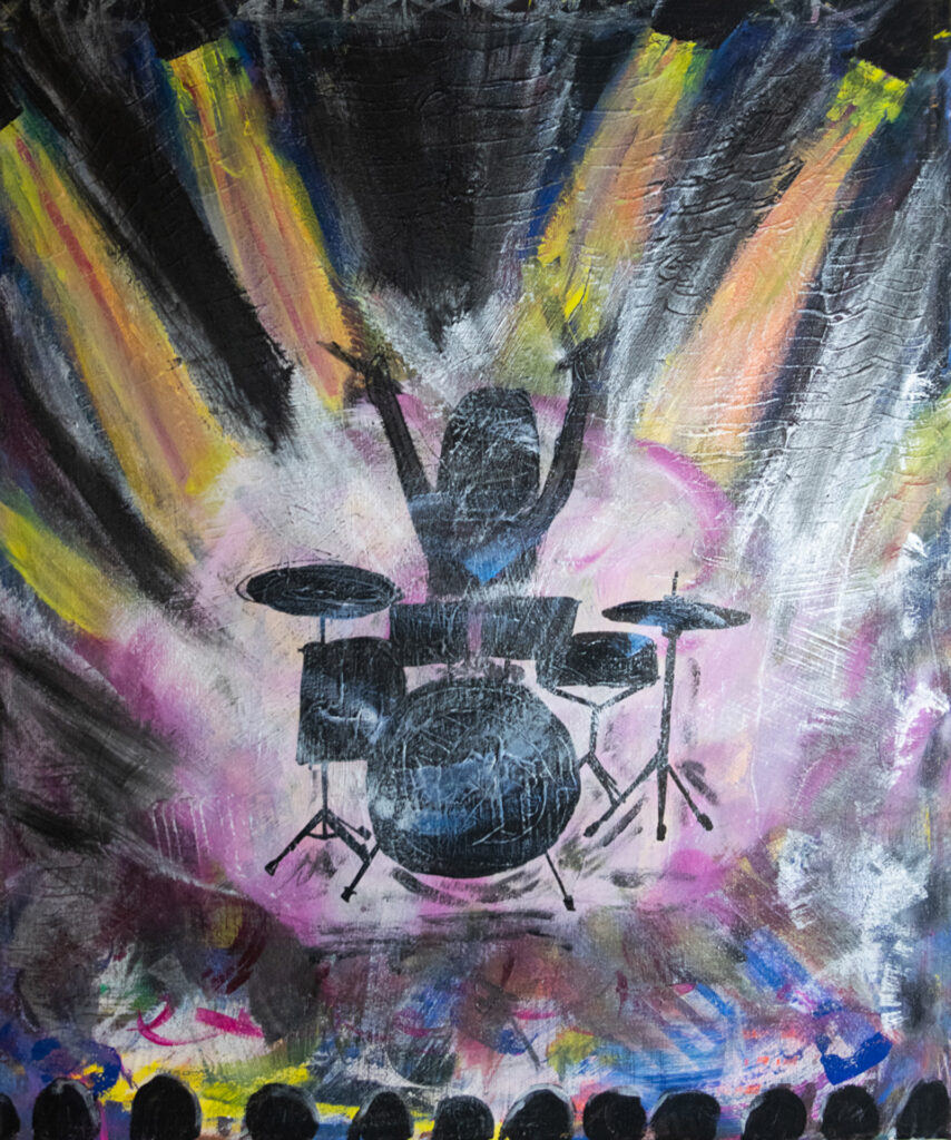 Farbenfrohes Acrylgemälde mit dynamischen Formen und leuchtenden Farben; inspiriert vom Gefühl eines leichten Herzens während eines Konzerts – Ausdruck von Freiheit, Verbundenheit und dem Loslassen des Alltags.
