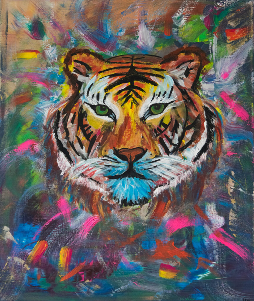 Aus den Tiefen der Seele blickt der Hüter der Urkraft. Still, wachsam – ein Spiegel der inneren Wildnis. Abstrakter Tiger Acryl auf Leinwand