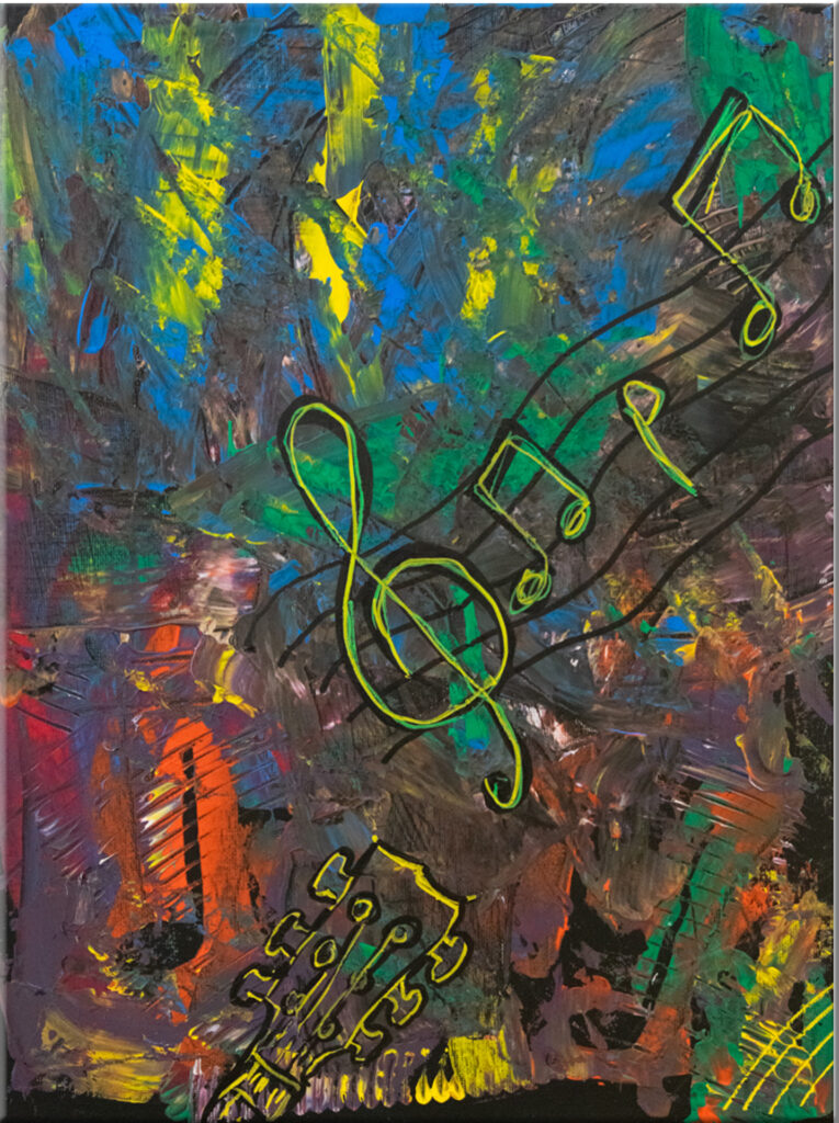 Acrylgemälde mit dynamischen Farbverläufen und abstrakten Formen; Darstellung eines musikalischen Sturms, der die Energie und Unvorhersehbarkeit von Klang visualisiert – ein Ausdruck von Leidenschaft und Intensität.