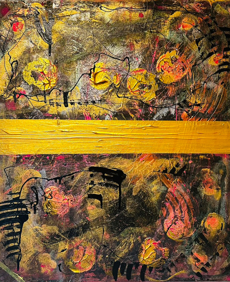 Abstraktes goldenes Gemälde. Erinnert an chinesische Schriftzeichen