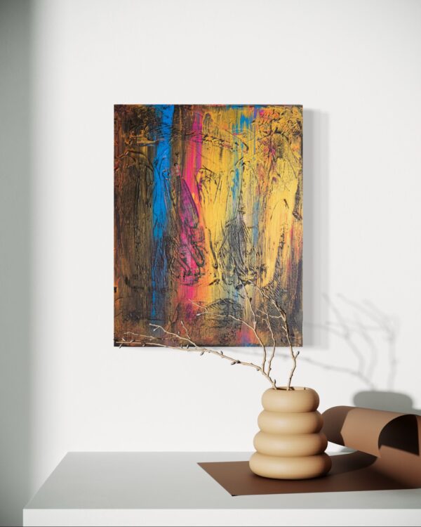 Abstraktes Acrylgemälde in Gold- und Dunkeltönen, inspiriert von einem stürmischen Sonnenuntergang; dynamische Farbflächen, intensive Licht-Schatten-Kontraste, moderne Kunst mit musikalischer Atmosphäre.
