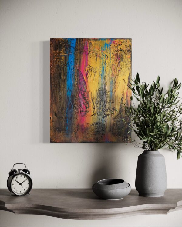 Abstraktes Acrylgemälde in Gold- und Dunkeltönen, inspiriert von einem stürmischen Sonnenuntergang; dynamische Farbflächen, intensive Licht-Schatten-Kontraste, moderne Kunst mit musikalischer Atmosphäre.
