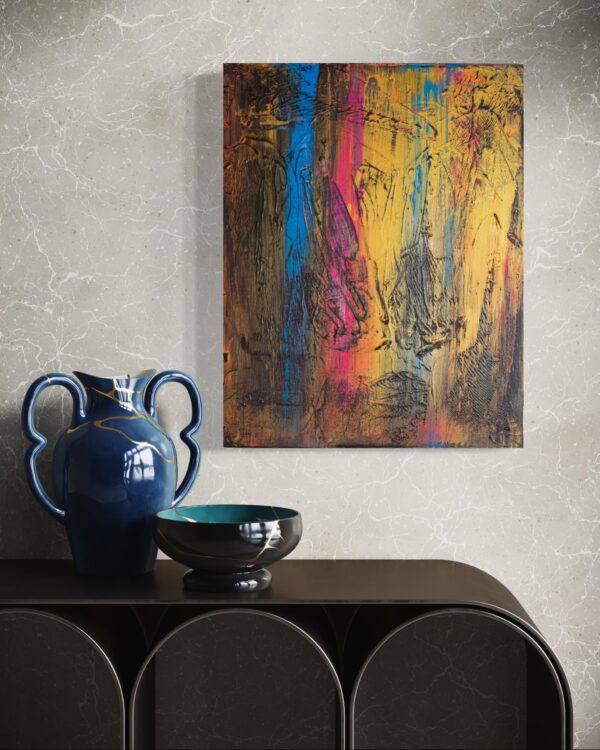 Abstraktes Acrylgemälde in Gold- und Dunkeltönen, inspiriert von einem stürmischen Sonnenuntergang; dynamische Farbflächen, intensive Licht-Schatten-Kontraste, moderne Kunst mit musikalischer Atmosphäre.