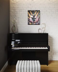 Farbenfrohes Acrylgemälde mit dynamischen Formen und leuchtenden Farben; inspiriert vom Gefühl eines leichten Herzens während eines Konzerts – Ausdruck von Freiheit, Verbundenheit und dem Loslassen des Alltags.