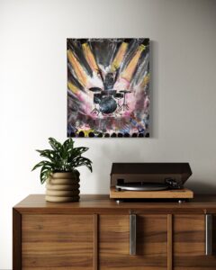 Farbenfrohes Acrylgemälde mit dynamischen Formen und leuchtenden Farben; inspiriert vom Gefühl eines leichten Herzens während eines Konzerts – Ausdruck von Freiheit, Verbundenheit und dem Loslassen des Alltags.