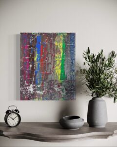 Acrylgemälde mit metallischen Farben und klarer Struktur; poetische Darstellung innerer Stärke, inspiriert von der Idee eines unbeugsamen Herzens – ruhig, kraftvoll und standhaft.