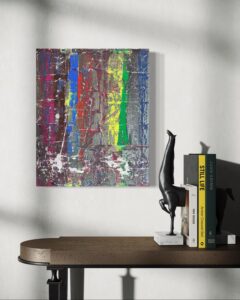 Acrylgemälde mit metallischen Farben und klarer Struktur; poetische Darstellung innerer Stärke, inspiriert von der Idee eines unbeugsamen Herzens – ruhig, kraftvoll und standhaft.