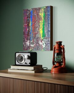 Acrylgemälde mit metallischen Farben und klarer Struktur; poetische Darstellung innerer Stärke, inspiriert von der Idee eines unbeugsamen Herzens – ruhig, kraftvoll und standhaft.