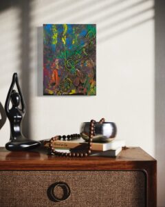 Acrylgemälde mit dynamischen Farbverläufen und abstrakten Formen; Darstellung eines musikalischen Sturms, der die Energie und Unvorhersehbarkeit von Klang visualisiert – ein Ausdruck von Leidenschaft und Intensität.