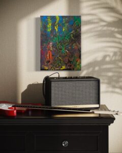 Acrylgemälde mit dynamischen Farbverläufen und abstrakten Formen; Darstellung eines musikalischen Sturms, der die Energie und Unvorhersehbarkeit von Klang visualisiert – ein Ausdruck von Leidenschaft und Intensität.