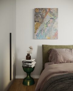 Acrylgemälde mit Blattgold und fließenden Farbverläufen; Darstellung der Dämmerung nach einem Sturm – symbolisch für Stille, Licht und Hoffnung, inspiriert von natürlichen Übergängen und atmosphärischer Weite.