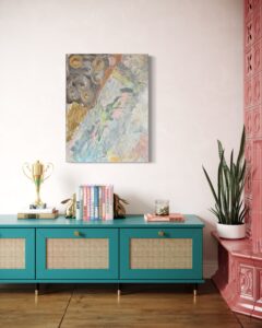 Acrylgemälde mit Blattgold und fließenden Farbverläufen; Darstellung der Dämmerung nach einem Sturm – symbolisch für Stille, Licht und Hoffnung, inspiriert von natürlichen Übergängen und atmosphärischer Weite.