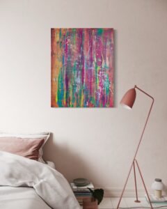 Acrylgemälde in warmen, weichen Farbtönen; Darstellung einer untergehenden Sonne in träumerischer Stimmung – inspiriert von der Ruhe und Melancholie des Abends zwischen Licht und Dunkelheit.