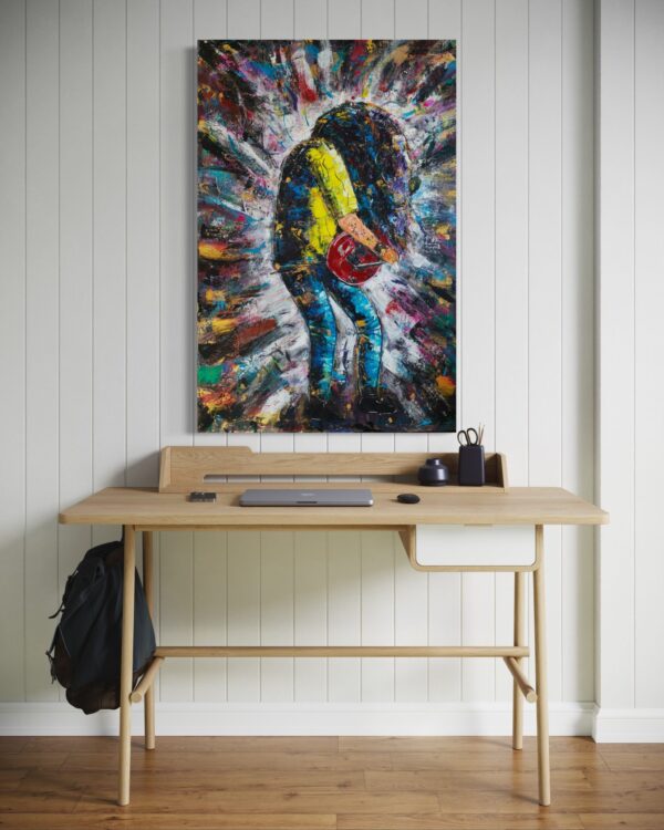 Acrylgemälde mit expressiver Struktur und dynamischer Farbwirkung; gewidmet allen Metal-Gitarristen, die als künstlerische Inspiration dienen – abstrakte Hommage an Klang, Energie und musikalischen Ausdruck.