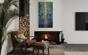 Acrylgemälde mit dunklen, moosigen Farbtönen und organischer Struktur; inspiriert von der Atmosphäre eines uralten Waldes – geheimnisvoll, still und voller symbolischer Tiefe.
